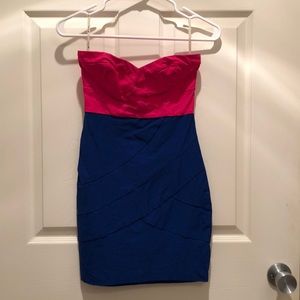 Pink and blue dress with sweetheart neckline.